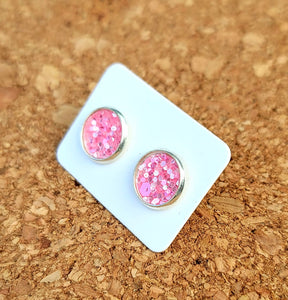 Pink Ice Glitter Vegan Leather Medium Earring Studs