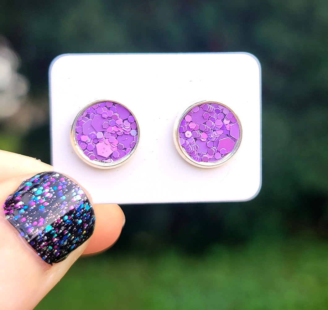Violet Purple Glitter Vegan Leather Medium Earring Studs