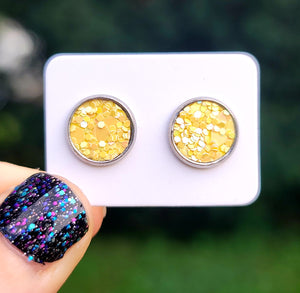 Sunshine Yellow Glitter Vegan Leather Medium Earring Studs