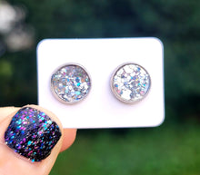 Load image into Gallery viewer, Disco Ball Glitter Vegan Leather Medium Earring Studs
