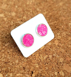 Bright Pink Glitter Vegan Leather Medium Earring Studs