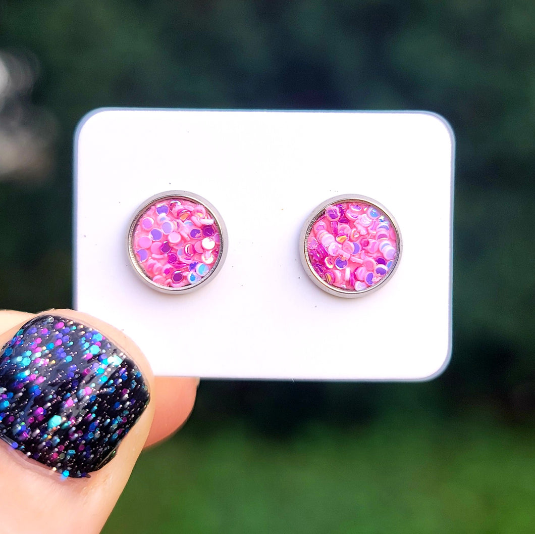 Pink Lux Glitter Vegan Leather Small Earring Studs