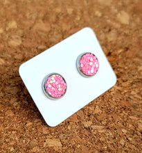 Load image into Gallery viewer, Pop Pink Glitter Vegan Leather Small Earring Studs
