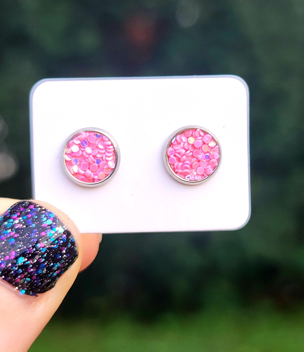 Pop Pink Glitter Vegan Leather Small Earring Studs