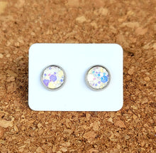 Load image into Gallery viewer, White Opal Glitter Vegan Leather Small Earring Studs
