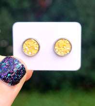 Load image into Gallery viewer, Sunshine Yellow Glitter Vegan Leather Small Earring Studs
