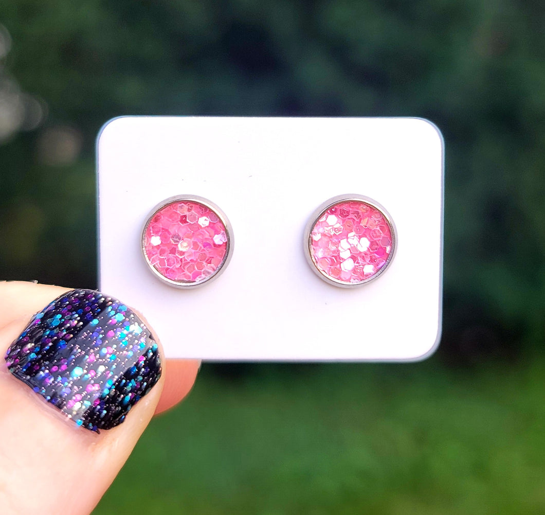 Pink Ice Glitter Vegan Leather Small Earring Studs