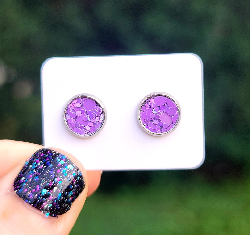 Violet Purple Glitter Vegan Leather Small Earring Studs