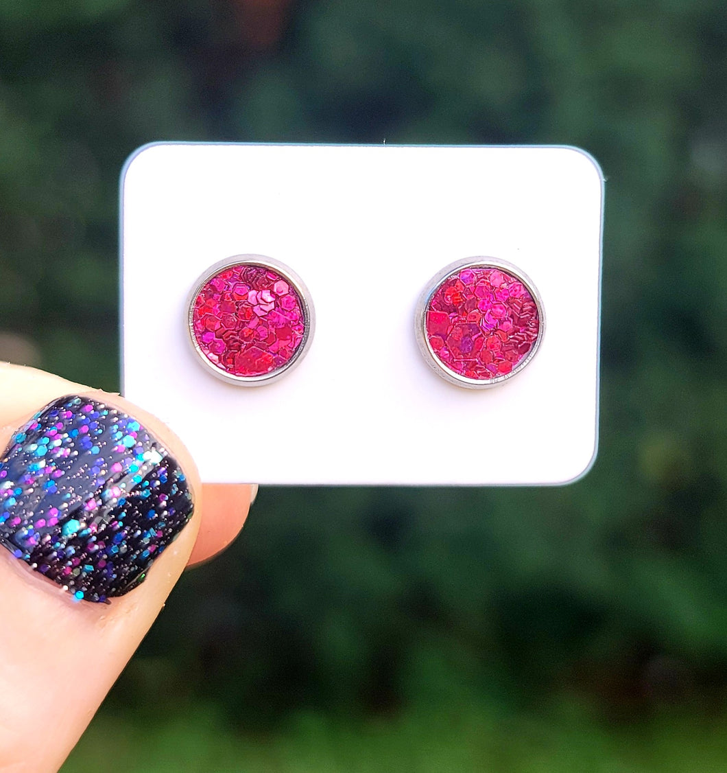 Hot Pink Holo Glitter Vegan Leather Small Earring Studs