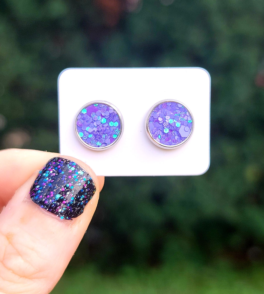 Mermaid Purple Glitter Vegan Leather Medium Earring Studs