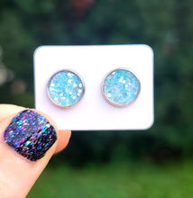 Load image into Gallery viewer, Ice Blue Glitter Vegan Leather Medium Earring Studs
