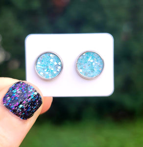 Ice Blue Glitter Vegan Leather Medium Earring Studs