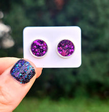 Load image into Gallery viewer, Dark Purple Glitter Vegan Leather Medium Earring Studs
