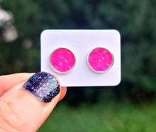 Load image into Gallery viewer, Bright Pink Glitter Vegan Leather Medium Earring Studs
