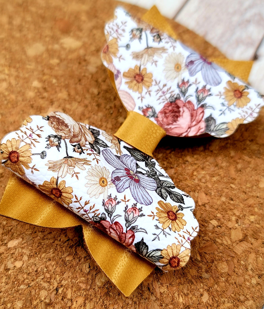 Mustard Floral Layered Leatherette Bow