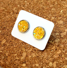 Load image into Gallery viewer, Sunflower Yellow Glitter Vegan Leather Medium Earring Studs
