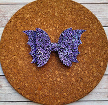 Load image into Gallery viewer, Bat Purple and Black Glitter Layered Leatherette Bow

