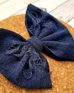 Navy Soft Distressed Denim Fabric Bow