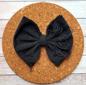 Black Soft Distressed Denim Fabric Bow