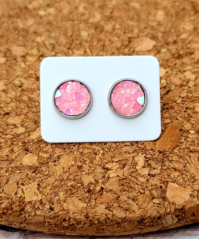 Pink Hearts Glitter Vegan Leather Medium Earring Studs