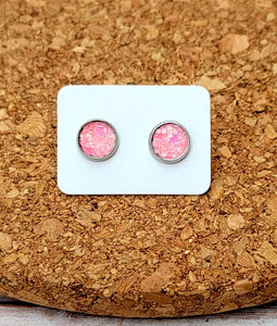 Pink Hearts Glitter Vegan Leather Small Earring Studs