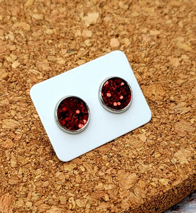 Red Glitter Vegan Leather Medium Earring Studs