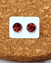 Load image into Gallery viewer, Red Glitter Vegan Leather Medium Earring Studs
