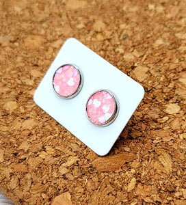 Pink Hearts Glitter Vegan Leather Medium Earring Studs