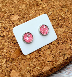 Pink Quartz Glitter Vegan Leather Small Earring Studs