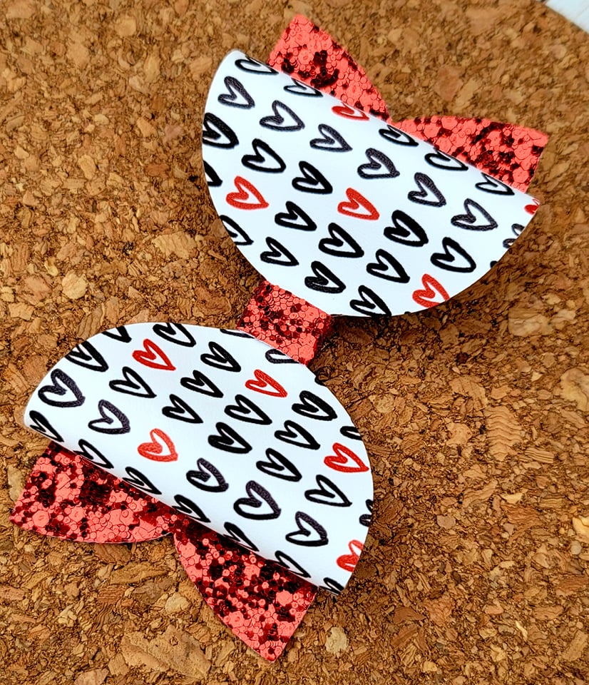Hearts On Red Glitter Layered Leatherette Bow