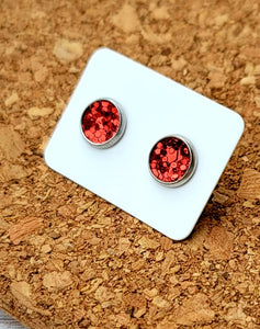 Red Glitter Vegan Leather Small Earring Studs