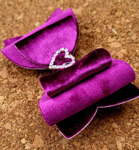 Raspberry Heart Rhinestone Crushed Velvet Layered Leatherette Bow