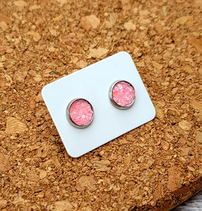 Pink Hearts Glitter Vegan Leather Small Earring Studs