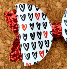 Load image into Gallery viewer, Hearts On Red Glitter Layered Leatherette Bow
