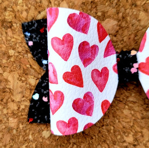 Hearts On Black Glitter Layered Leatherette Bow