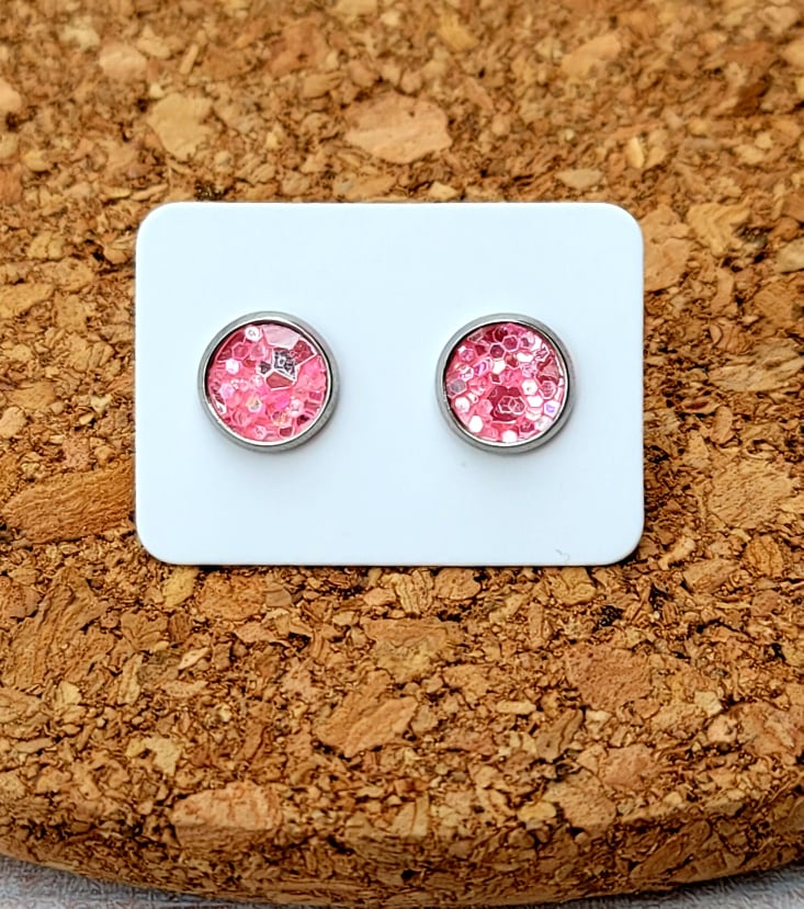 Pink Quartz Glitter Vegan Leather Small Earring Studs