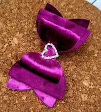 Load image into Gallery viewer, Raspberry Heart Rhinestone Crushed Velvet Layered Leatherette Bow
