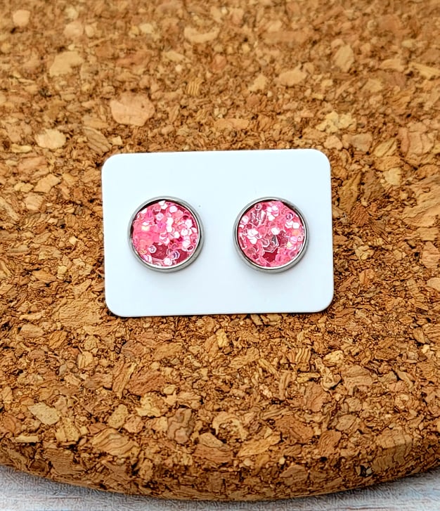 Pink Quartz Glitter Vegan Leather Medium Earring Studs