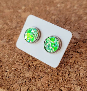 Green Confetti Glitter Vegan Leather Medium Earring Studs