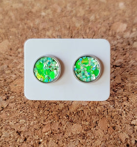Green Confetti Glitter Vegan Leather Medium Earring Studs