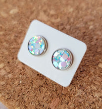 Load image into Gallery viewer, Blue Whimsical Glitter Vegan Leather Medium Earring Studs
