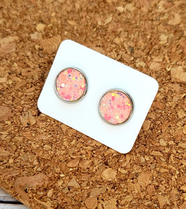 Coral Ice Glitter Vegan Leather Medium Earring Studs