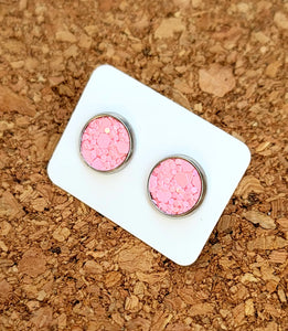 Pink Coral Glitter Vegan Leather Medium Earring Studs