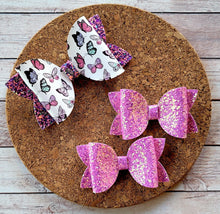 Load image into Gallery viewer, Sweet Purple Glitter Layered Leatherette Piggies Bow
