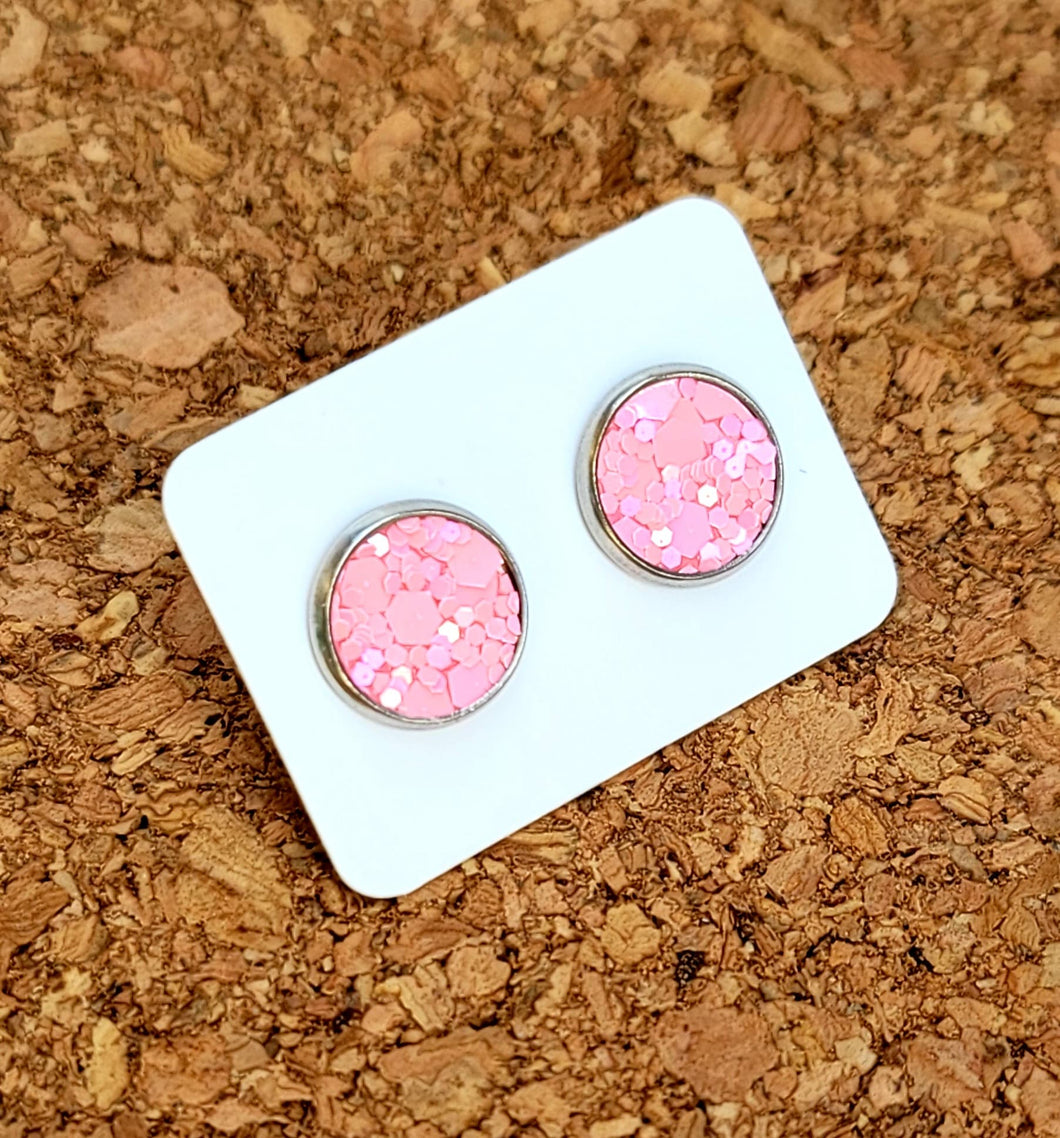 Pink Coral Glitter Vegan Leather Medium Earring Studs