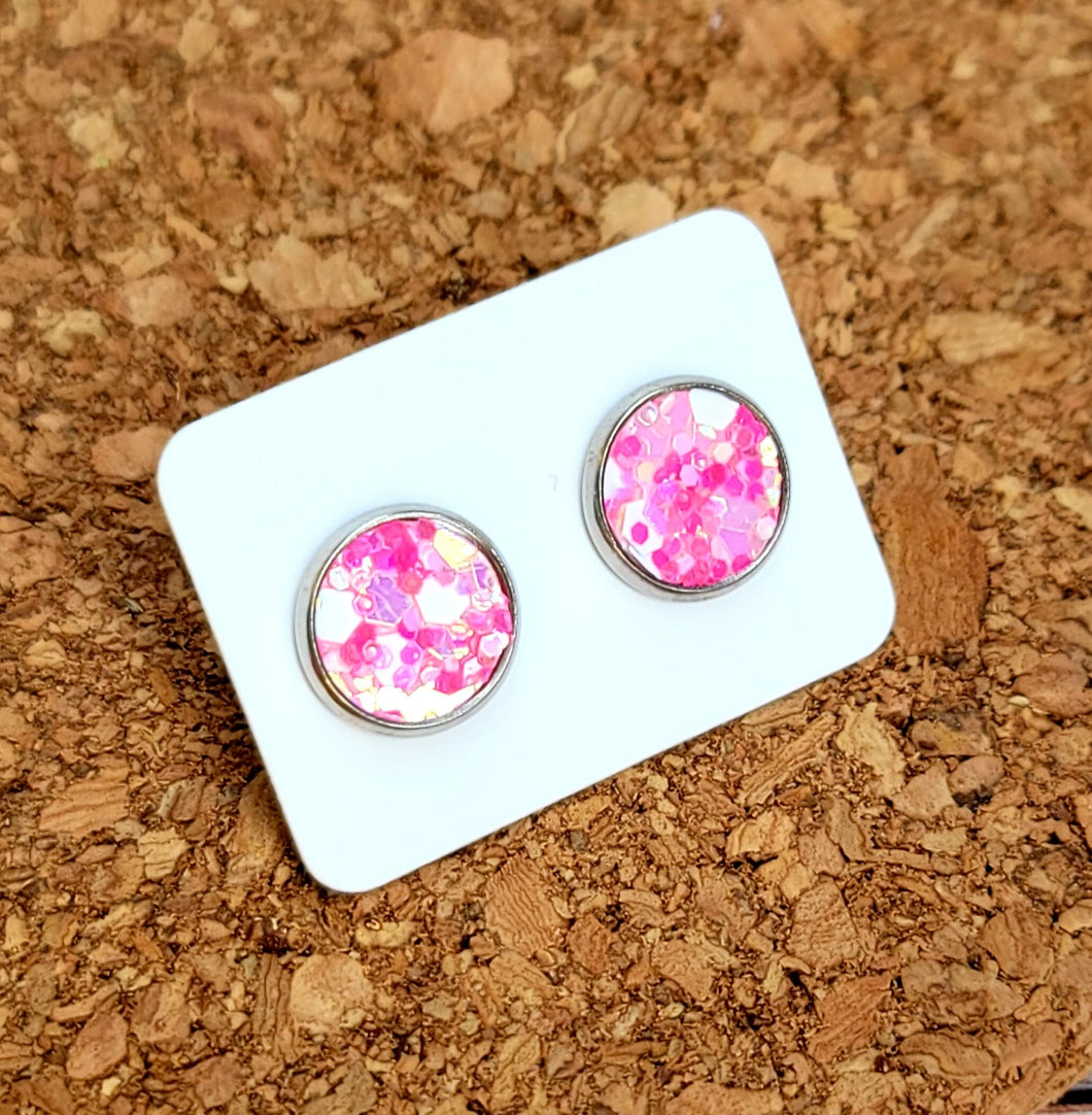Pink Party Glitter Vegan Leather Medium Earring Studs