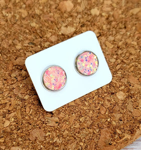 Coral Ice Glitter Vegan Leather Medium Earring Studs