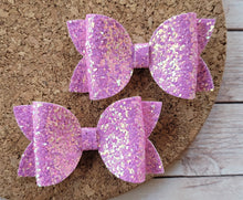 Load image into Gallery viewer, Sweet Purple Glitter Layered Leatherette Piggies Bow
