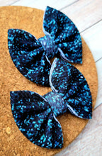 Load image into Gallery viewer, Teal/Black Faux Glitter Fabric Piggie Bows
