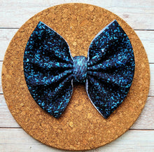 Load image into Gallery viewer, Teal/Black Faux Glitter Fabric Bow
